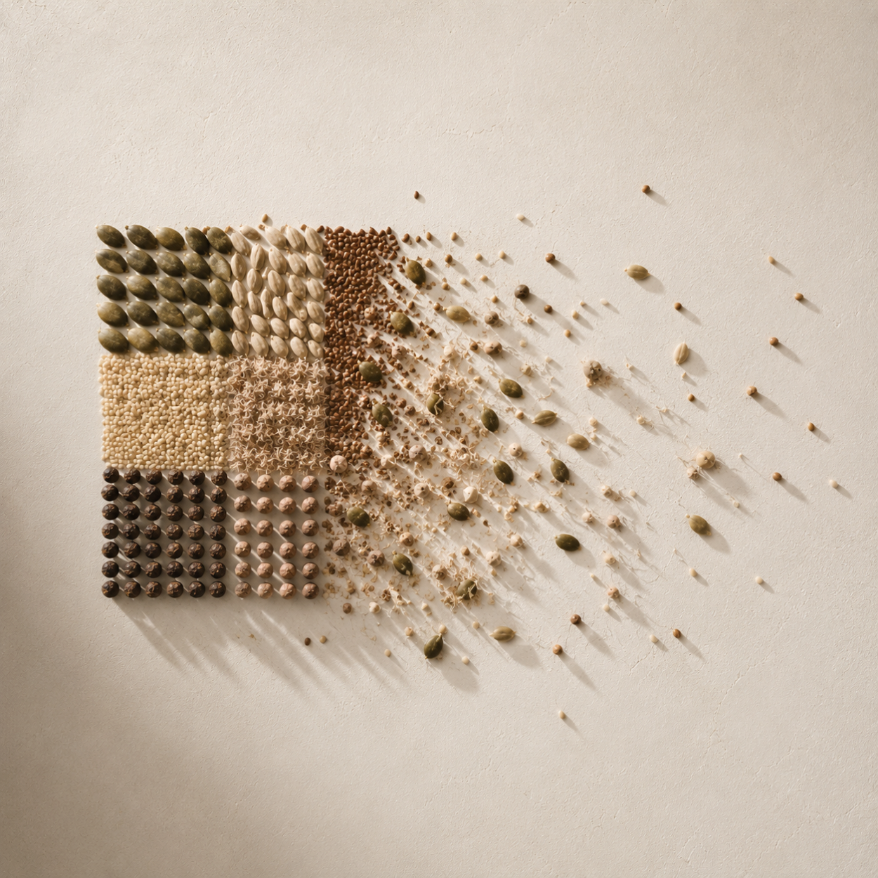 An abstract image of "controlled disorder" made of seeds