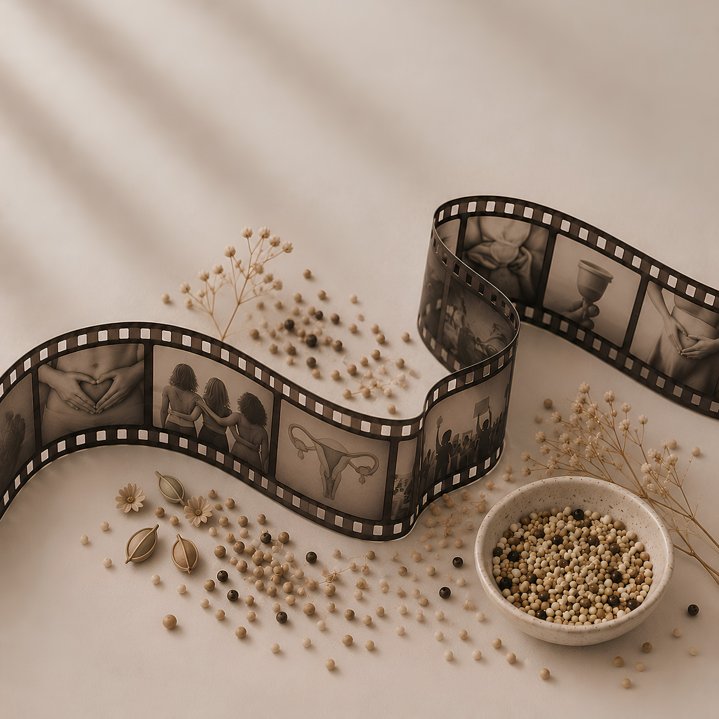 Film Cells Representing Menstruation Placed Amongst Seeds.