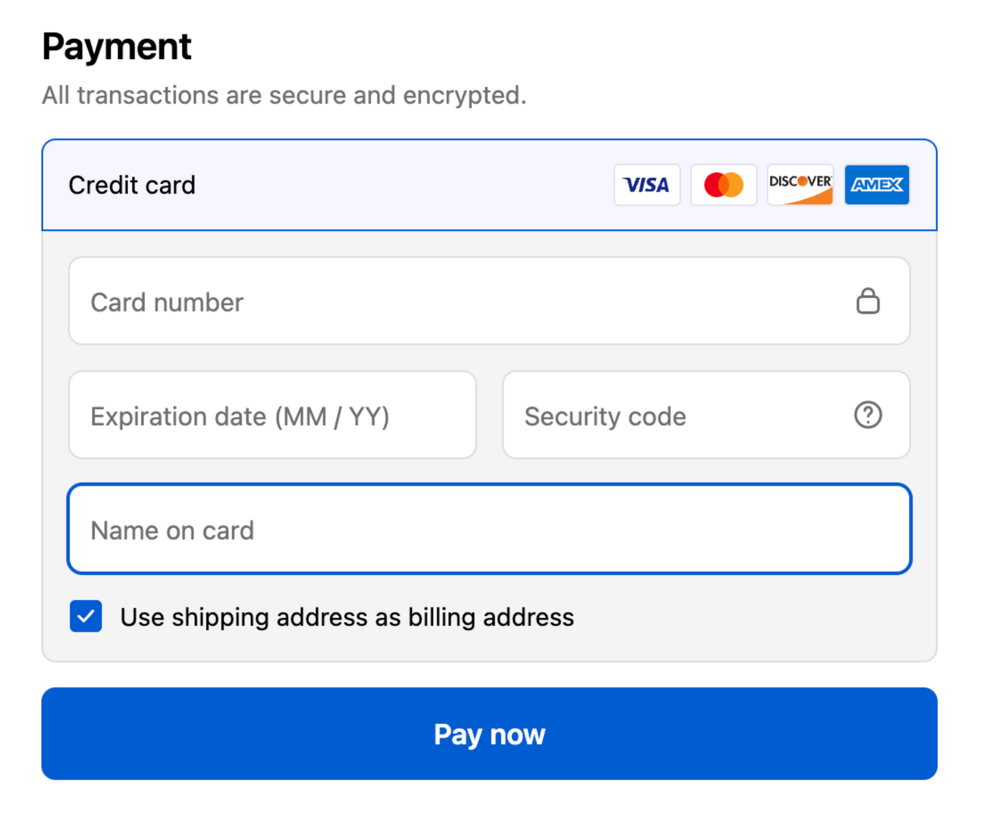 Payment form with card information fields and payment button on a white background