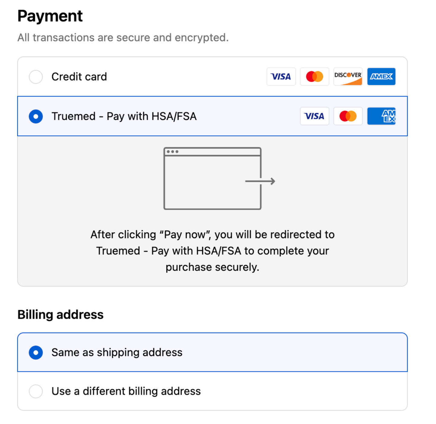Payment page with credit card and HSA/FSA options on a white background
